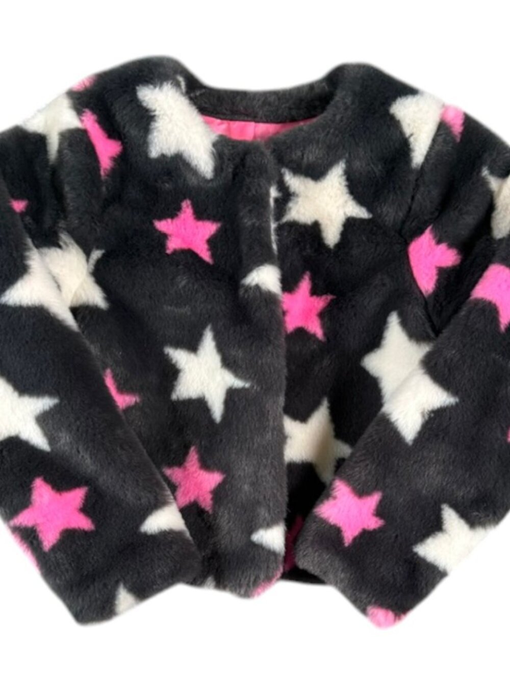 Cat & Jack Girls' Faux Fur Jacket with Stars Grey Pink White Medium 7/8 NWOT - Picture 3 of 12